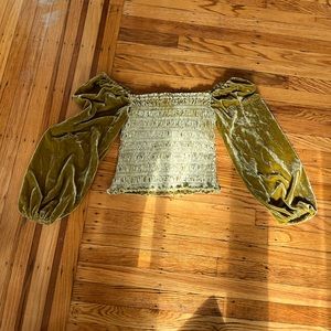 Anthropologie Green Puff-Sleeved Velvet Blouse